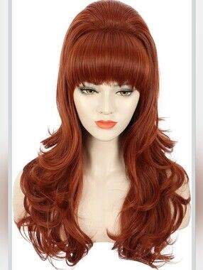 Adult Women Long Wavy Ginger Auburn Wig 60s 70s Big Red Bouffant Beehive Wig